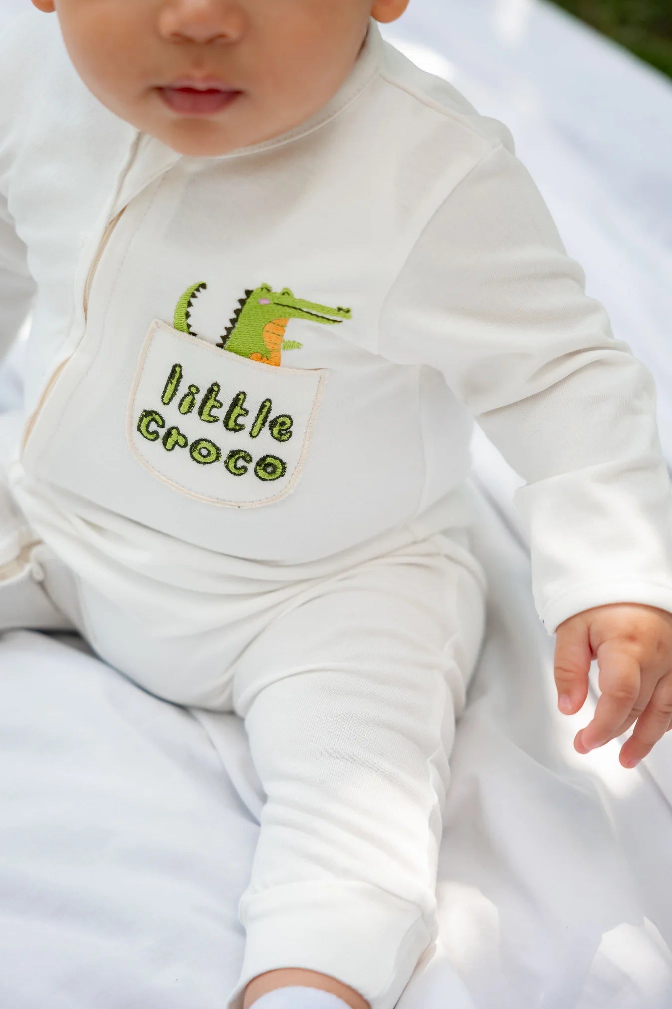 Baby Boys Cotton Footless Onesie – White with "Little Croco" Design