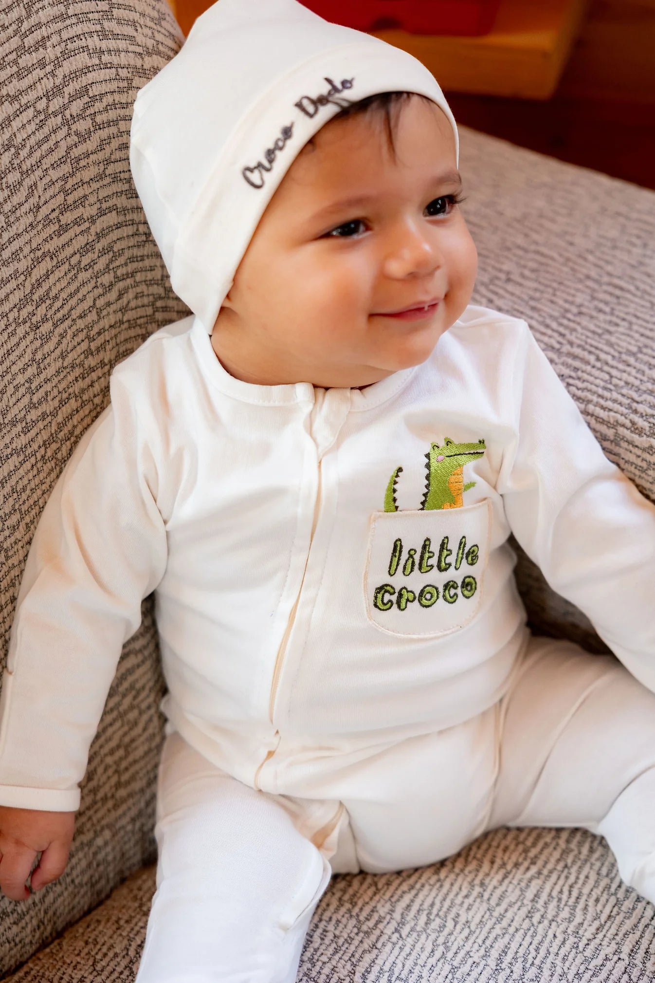 Baby Boys Cotton Footless Onesie – White with "Little Croco" Design