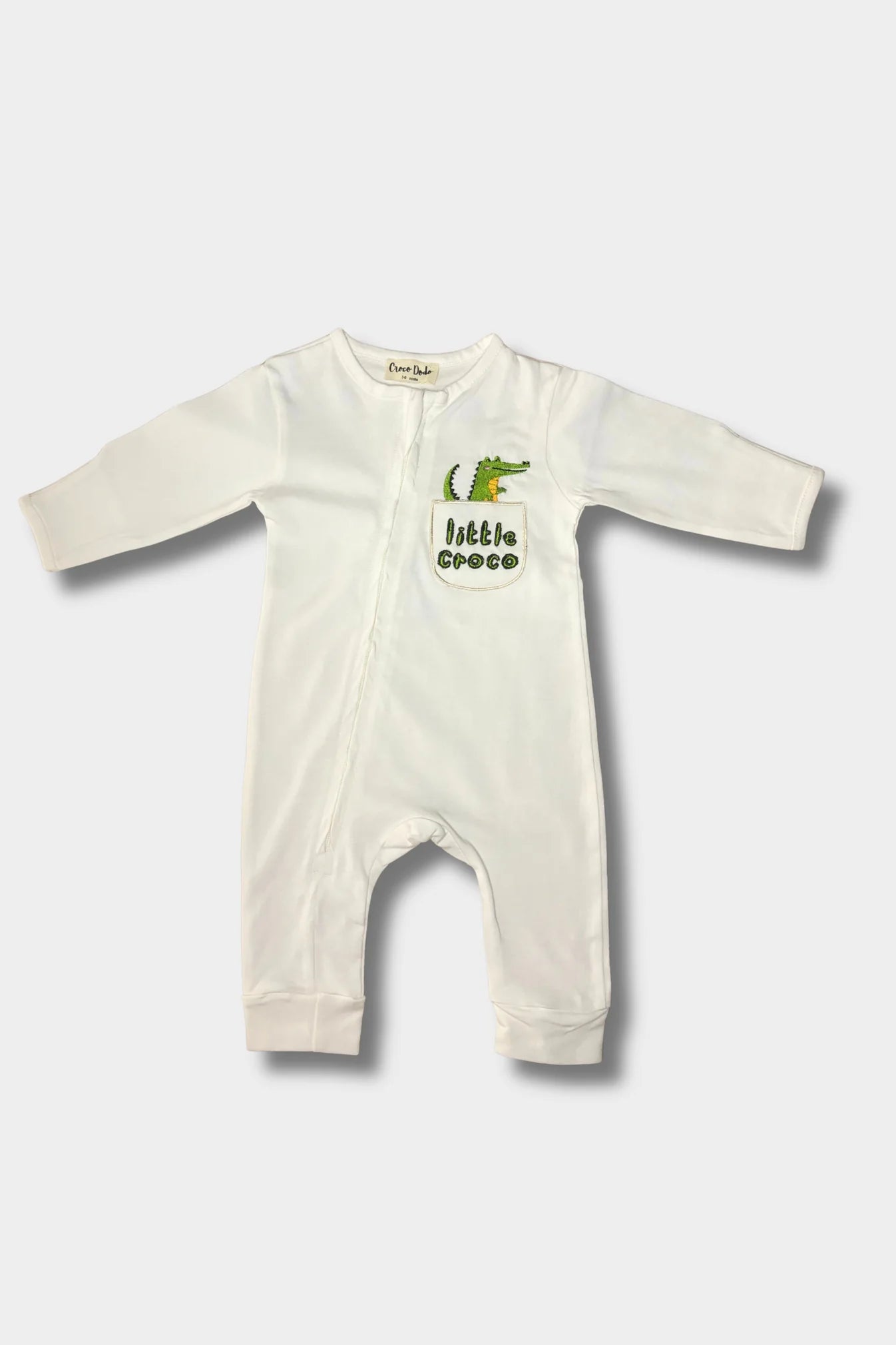 Baby Boys Cotton Footless Onesie – White with "Little Croco" Design
