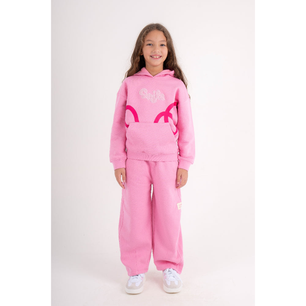 Girls Cotton Hoodie – Pink with Smile Embroidery