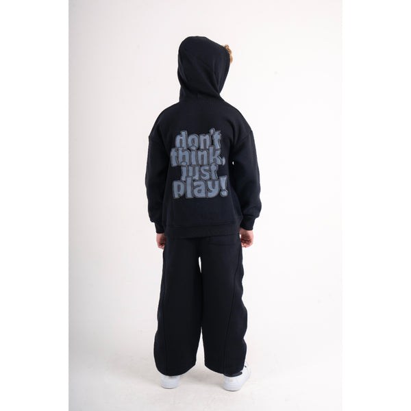 Boys Cotton Hoodie – Black with "Don't Think,Just Play!" Print