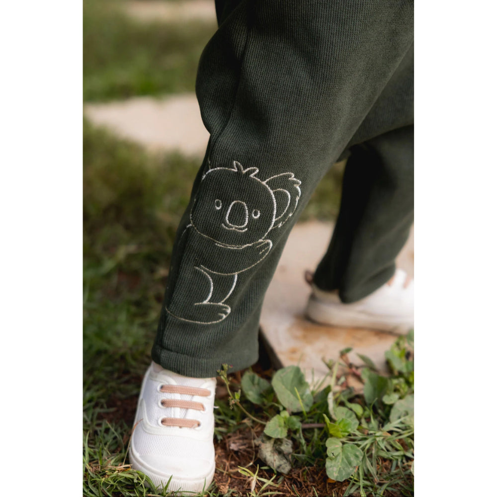 Baby Boys Velvet Double Face 2-Piece Outfit Set – Dark Green with Koala Eembroidery