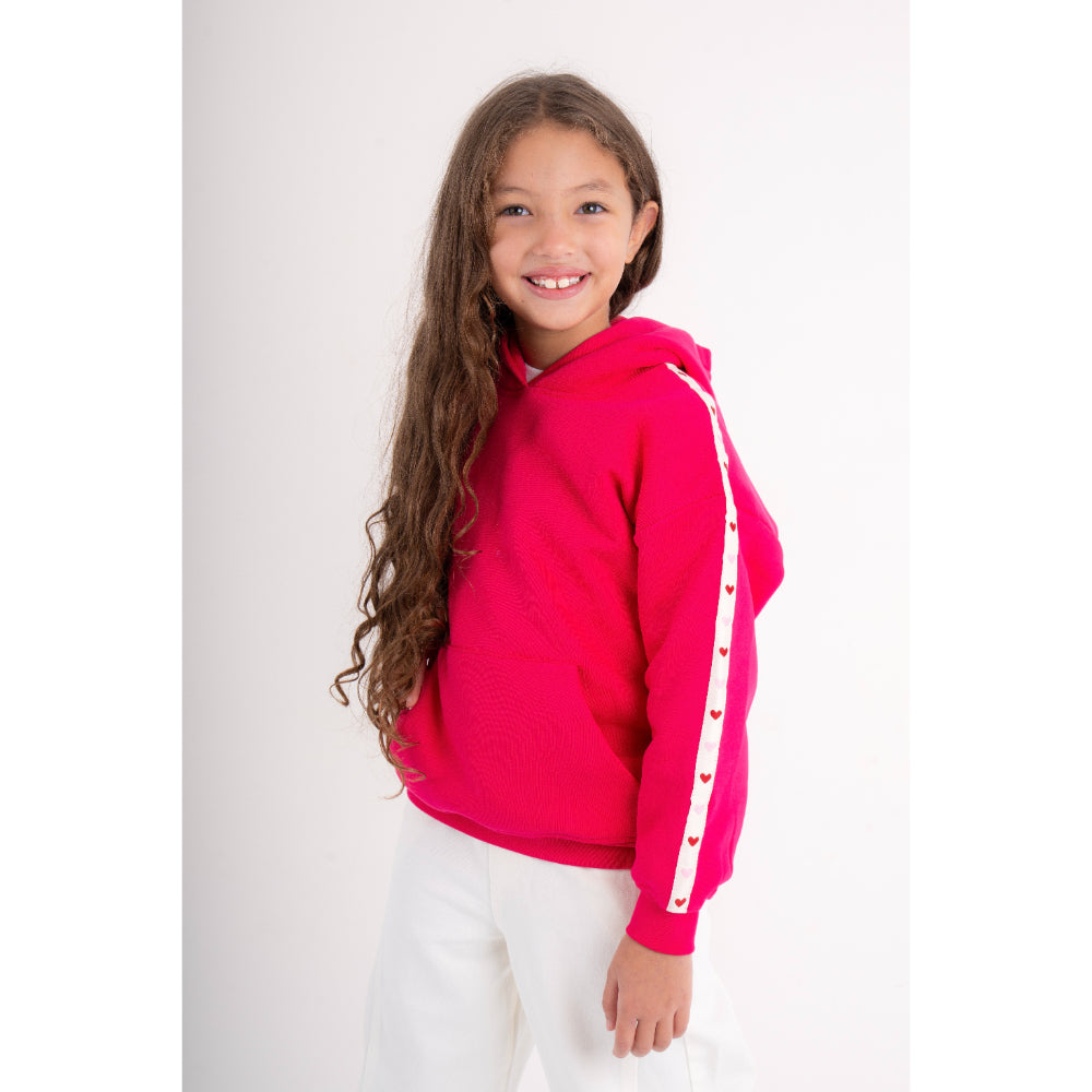 Girls Cotton Hoodie – Fuchsia with Hearts Print