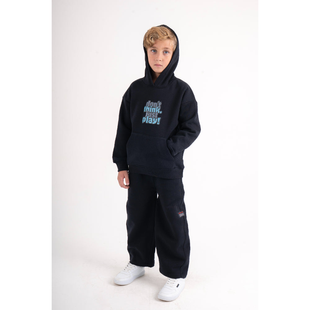 Boys Cotton Hoodie – Black with "Don't Think,Just Play!" Print