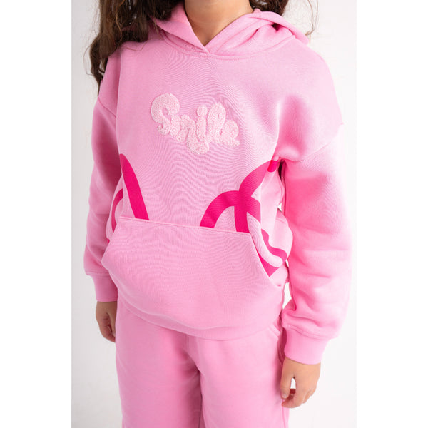 Girls Cotton Hoodie – Pink with Smile Embroidery