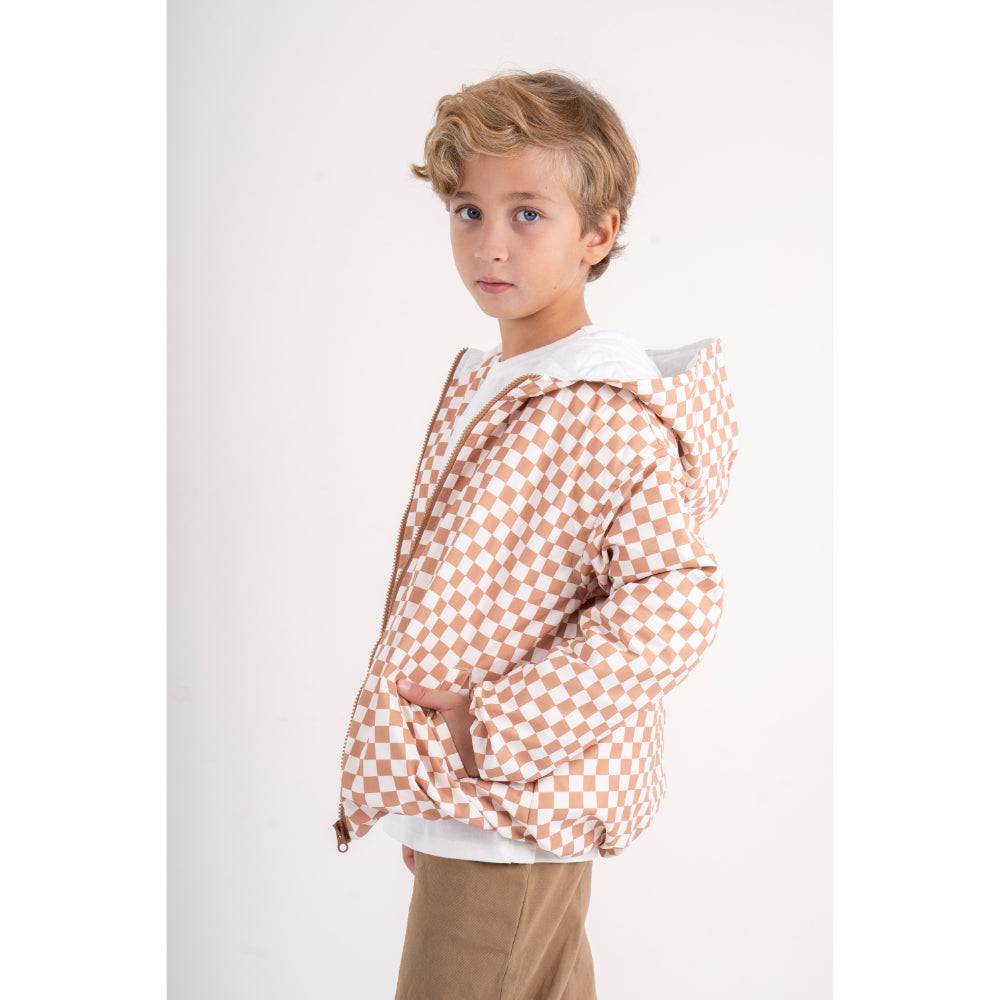 Boys Waterproof Jacket – Beige & White Checkered