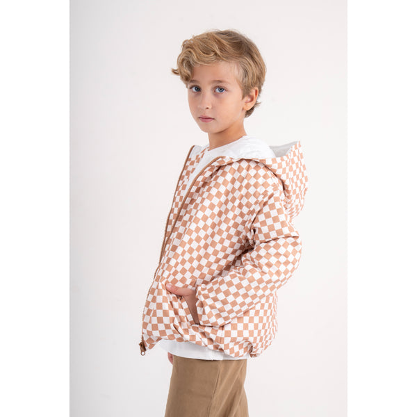 Boys Waterproof Jacket – Beige & White Checkered