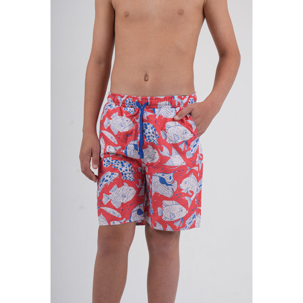 Boys Swimsuit – Red with Fish Print