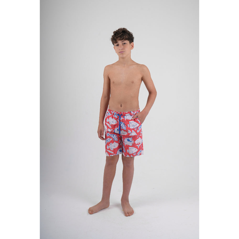Boys Swimsuit – Red with Fish Print