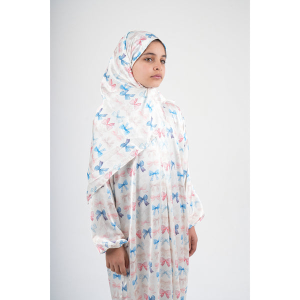 Girls Ramadan Isdal – Off-White with Bows Print ( Satin fabric )