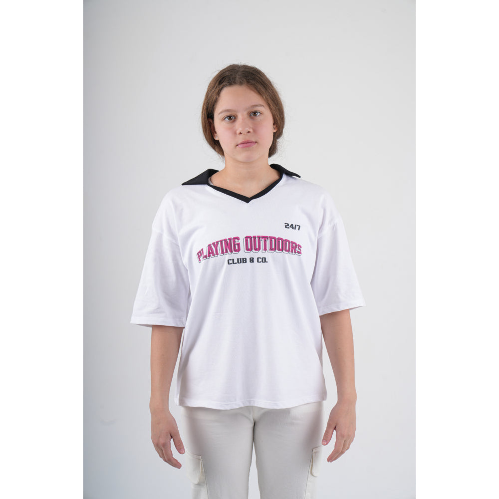 Unisex White "PLAYING OUTDOORS" T-Shirt - Clothing - Playmore