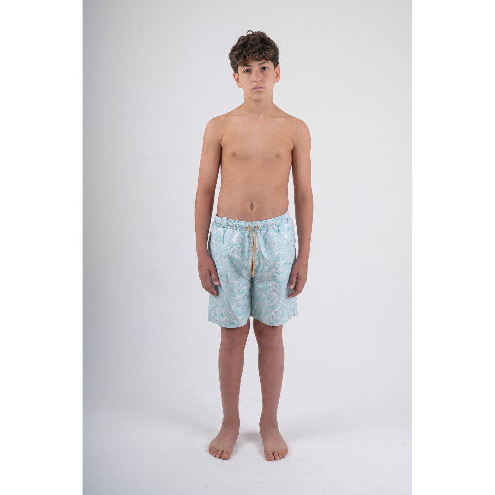 Boys Swimsuit – Aqua with Leaves Print