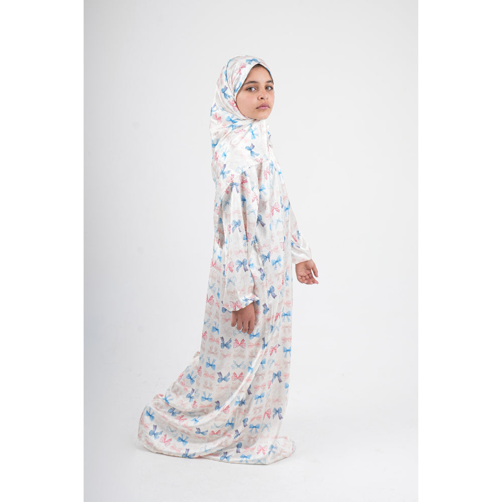 Girls Ramadan Isdal – Off-White with Bows Print ( Satin fabric )