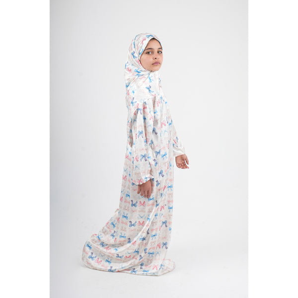 Girls Ramadan Isdal – Off-White with Bows Print ( Satin fabric )