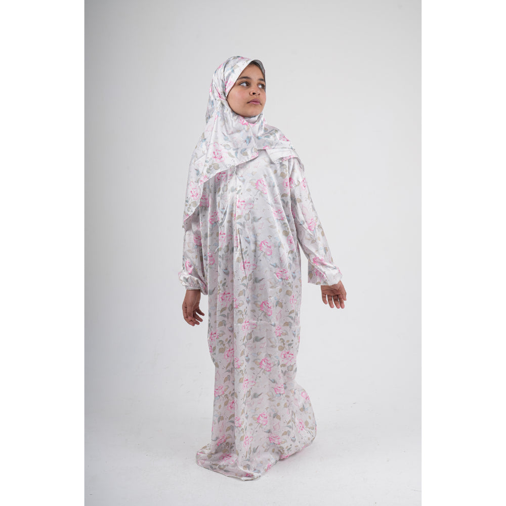 Girls Ramadan Isdal – Off-White with Flowers Print