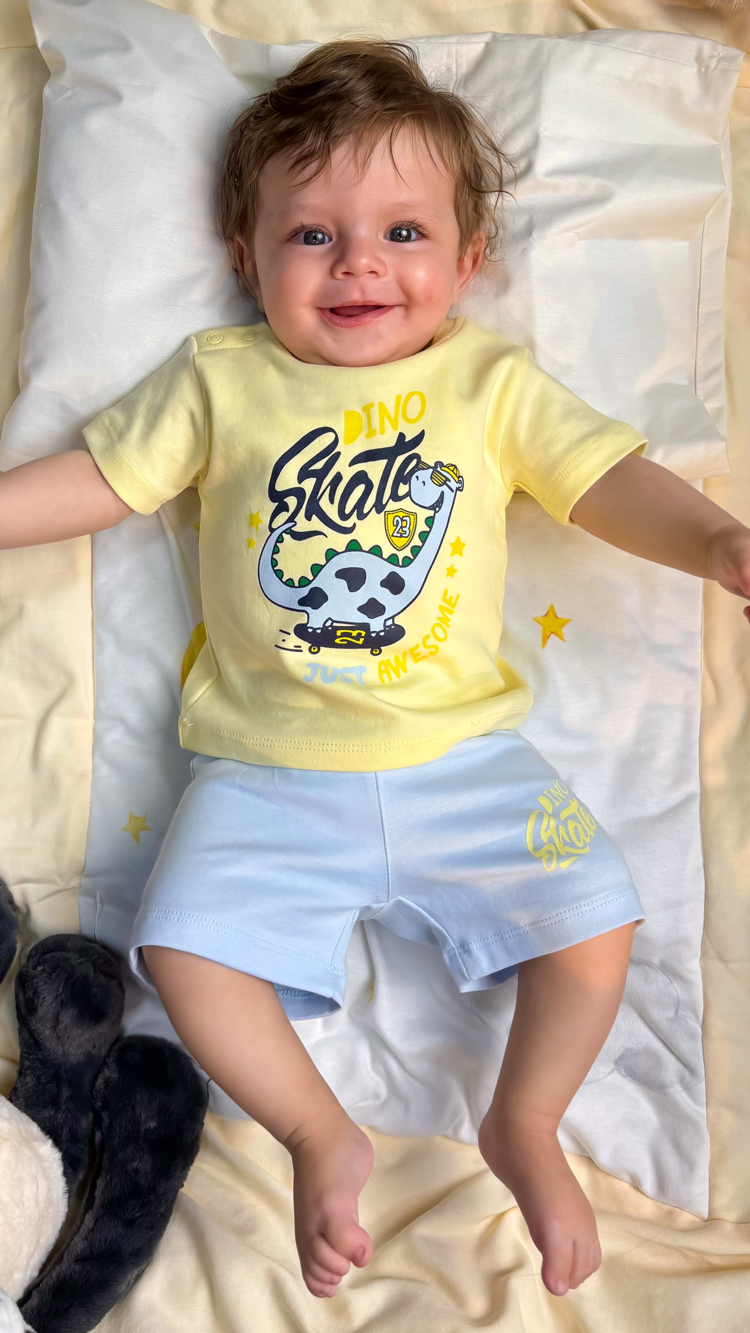 Baby Boys Cotton Pajama Set – Yellow "Dino Skate" Print