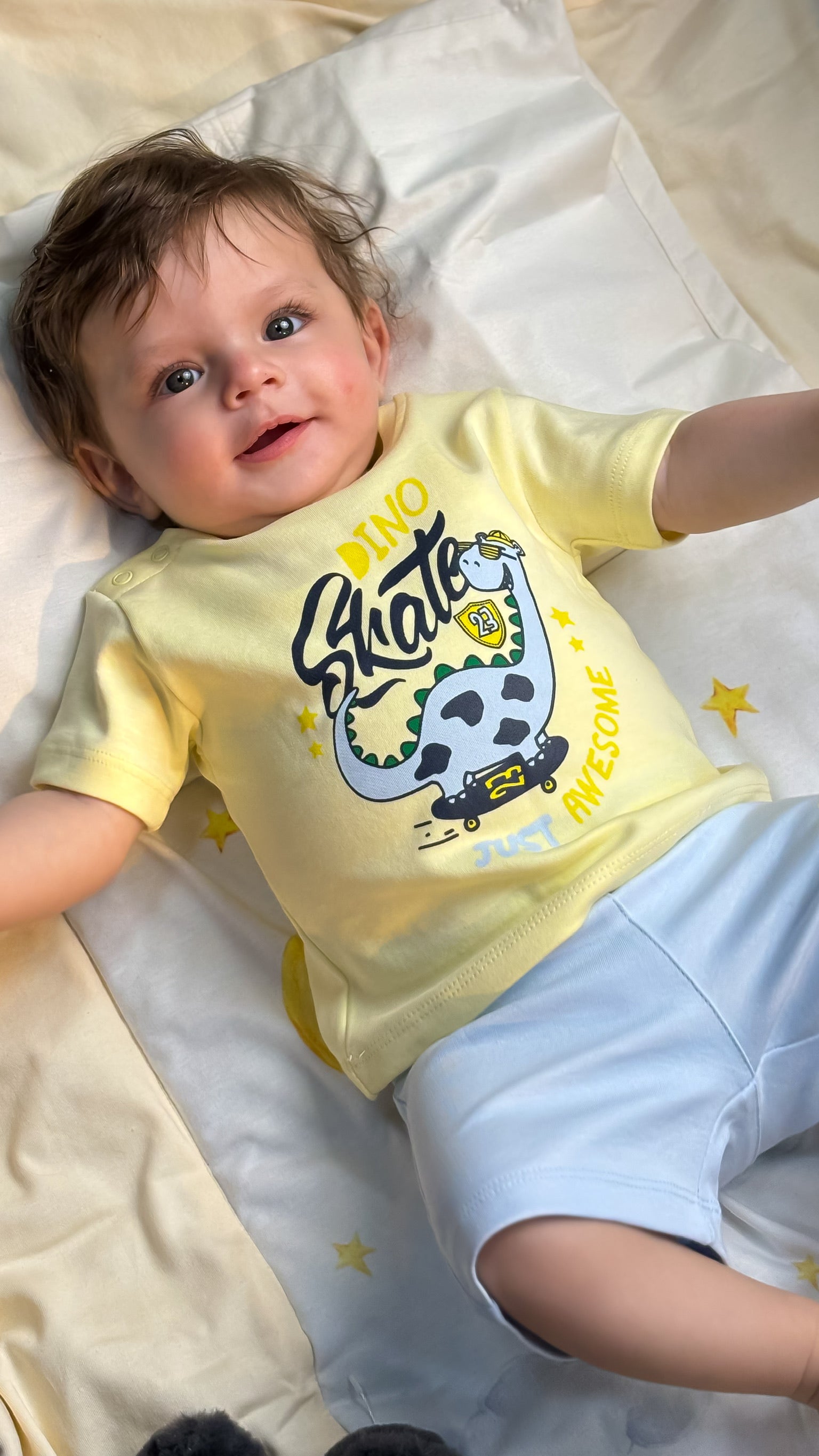Baby Boys Cotton Pajama Set – Yellow "Dino Skate" Print