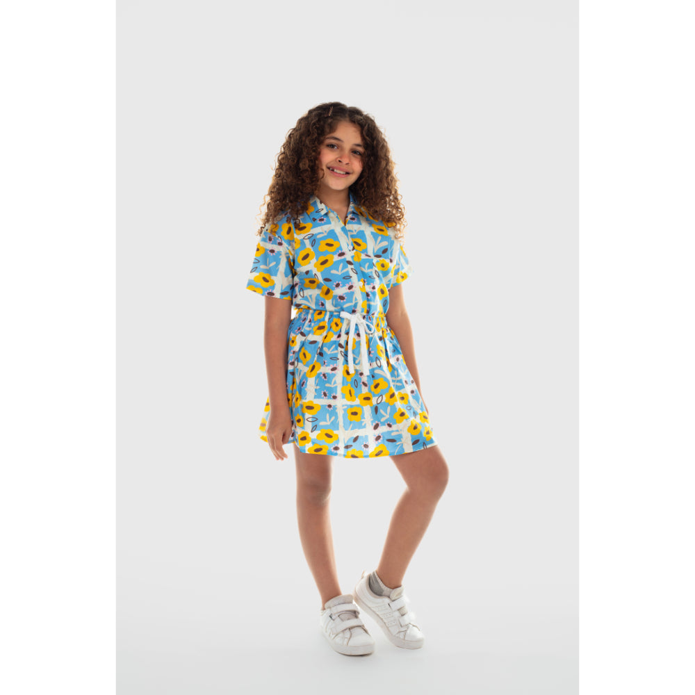 Girls Cotton Short-Sleeved Shirt – Baby Blue with Flowers Print