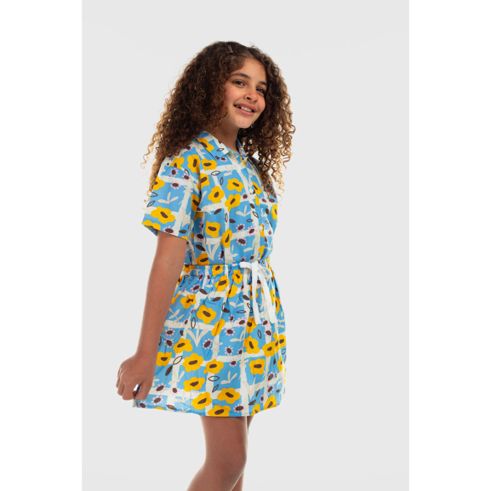 Girls Cotton Skirt – Baby Blue with Flowers Print