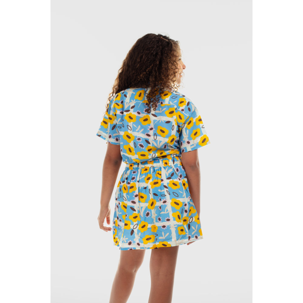Girls Cotton Short-Sleeved Shirt – Baby Blue with Flowers Print