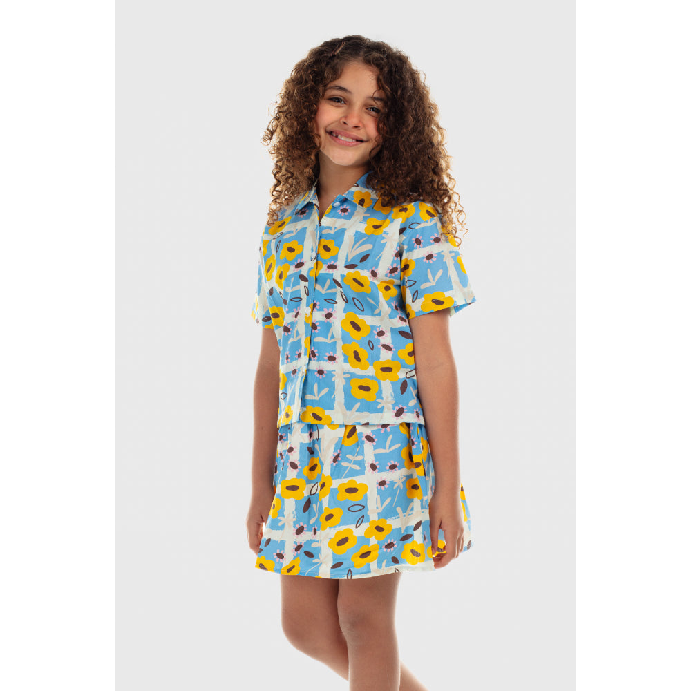 Girls Cotton Skirt – Baby Blue with Flowers Print