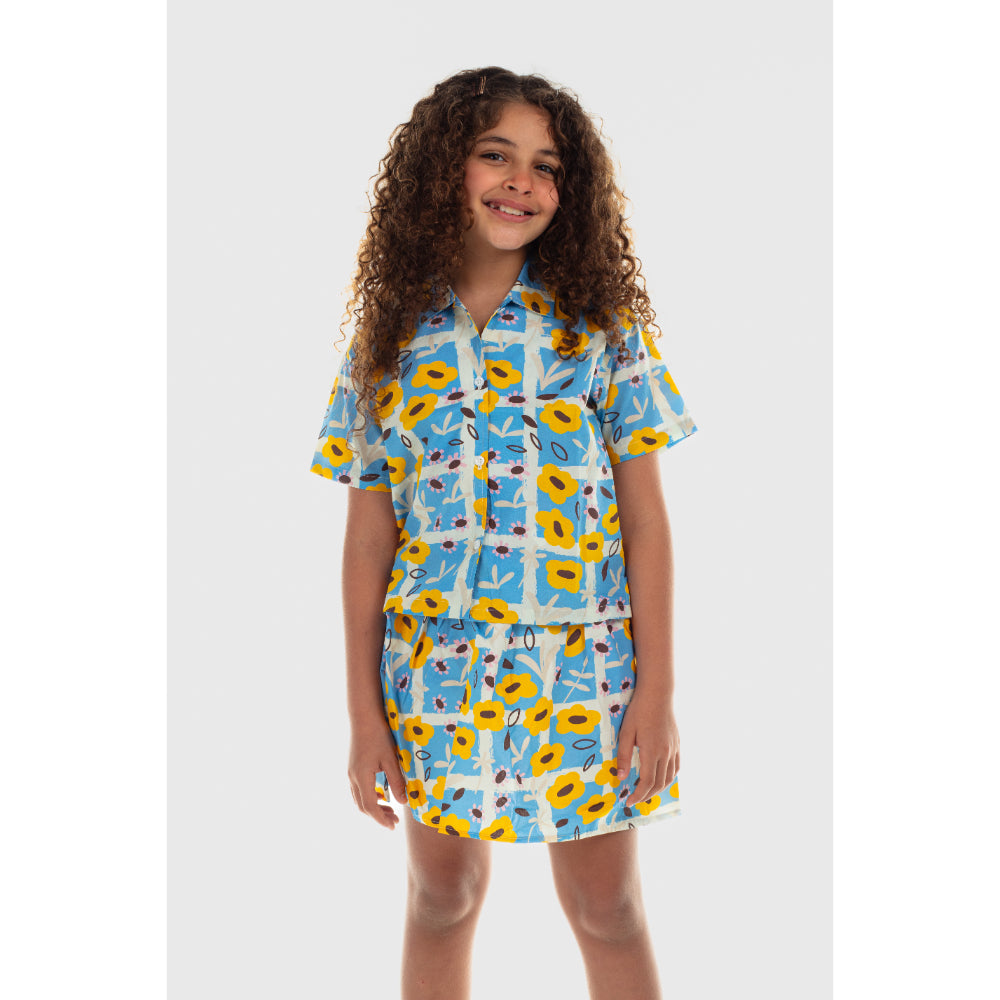 Girls Cotton Skirt – Baby Blue with Flowers Print