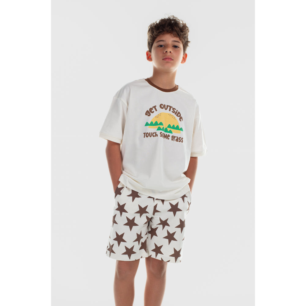 Boys Cotton T-Shirt – Off-White with "Get Outside" Print