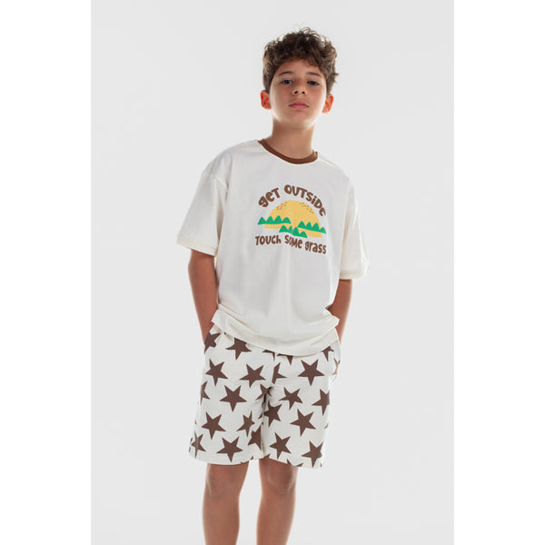 Boys Cotton T-Shirt – Off-White with "Get Outside" Print