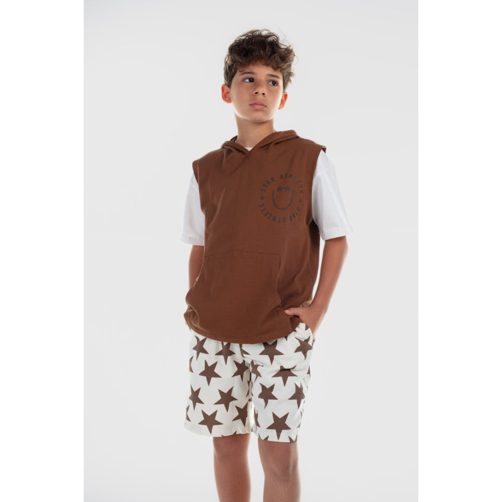 Boys Cotton Hooded Sleeveless T-Shirt – Brown with "Star Athlete" Print - Clothing - Playmore