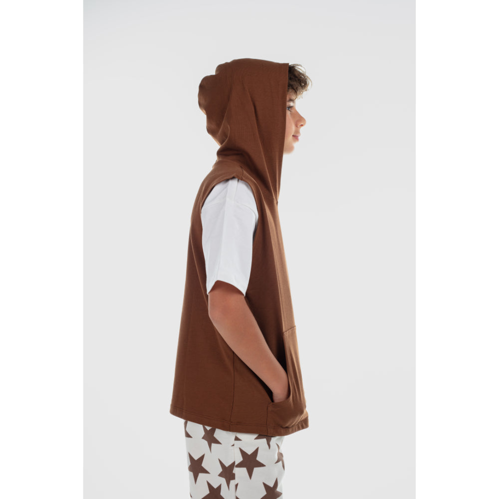 Boys Cotton Hooded Sleeveless T-Shirt – Brown with "Star Athlete" Print