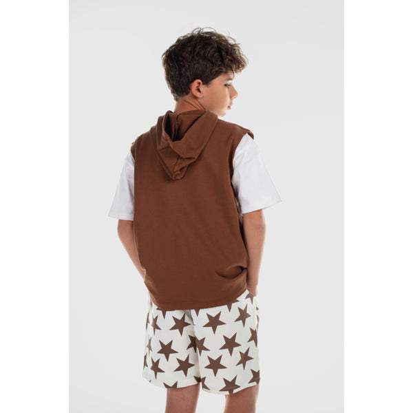 Boys Cotton Hooded Sleeveless T-Shirt – Brown with "Star Athlete" Print