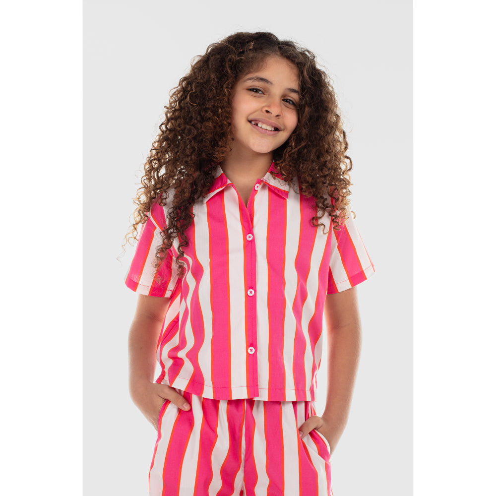 Girls Cotton Shirt – Fuchsia & Off-White
