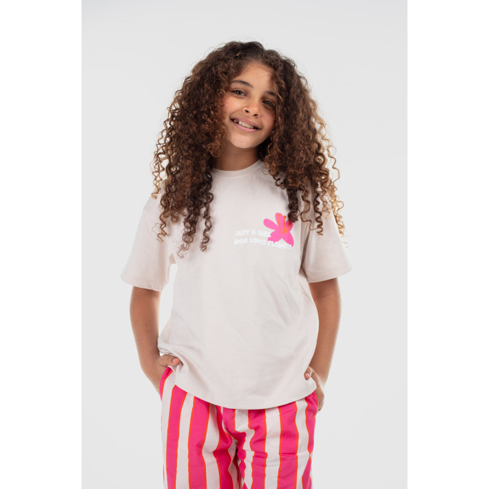 Girls Cotton T-Shirt – Beige "Just a Girl Who Loved Flowers" Print - Clothing - Playmore