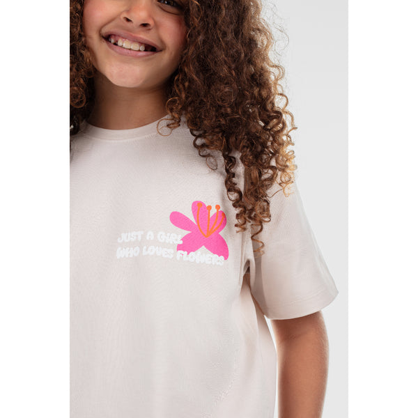Girls Cotton T-Shirt – Beige "Just a Girl Who Loved Flowers" Print