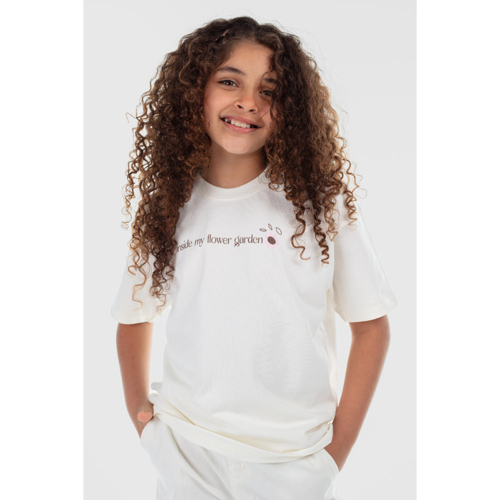 Girls Cotton T-Shirt – Off-White "Inside My Flower Garden" Print - Clothing - Playmore
