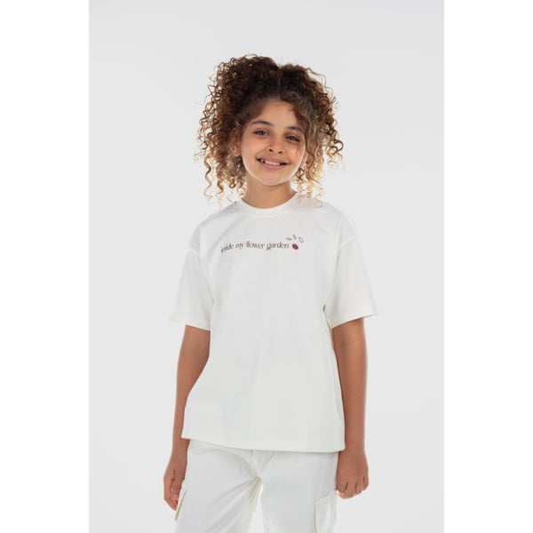 Girls Cotton T-Shirt – Off-White "Inside My Flower Garden" Print