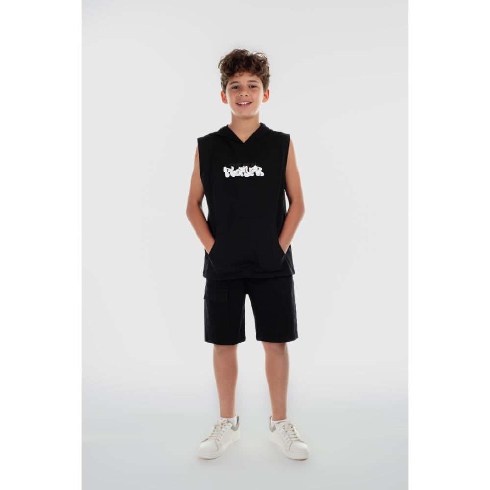 Boys Cotton Hooded Sleeveless T-Shirt – Black
