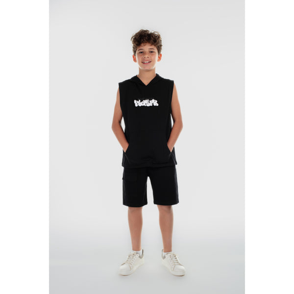 Boys Cotton Hooded Sleeveless T-Shirt – Black