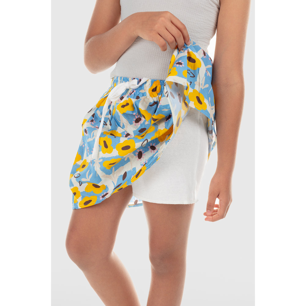 Girls Cotton Skirt – Baby Blue with Flowers Print