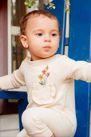 Baby Girls Cotton Footless Onesie – Beige with Flowers Design
