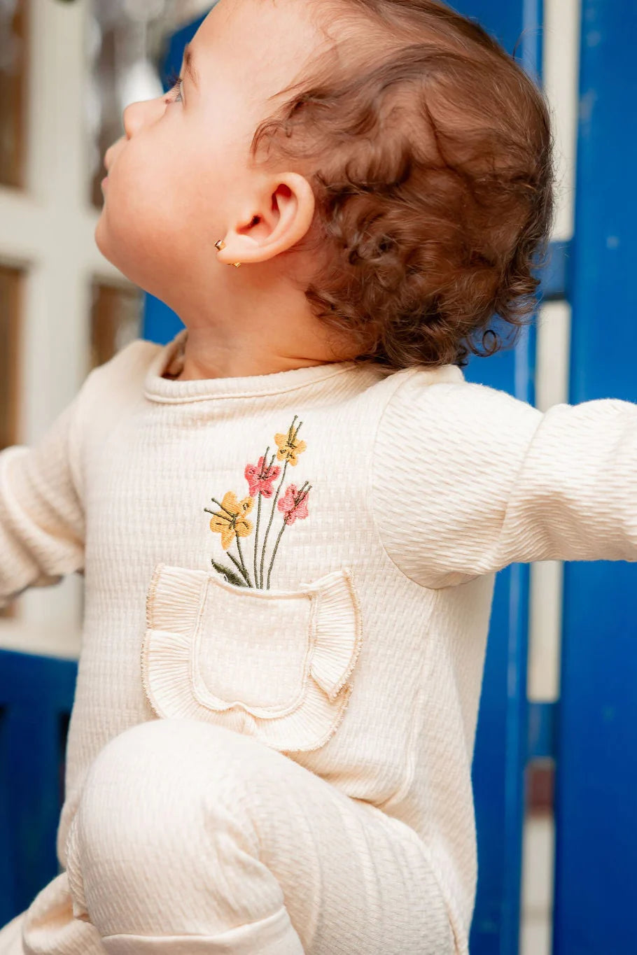 Baby Girls Cotton Footless Onesie – Beige with Flowers Design