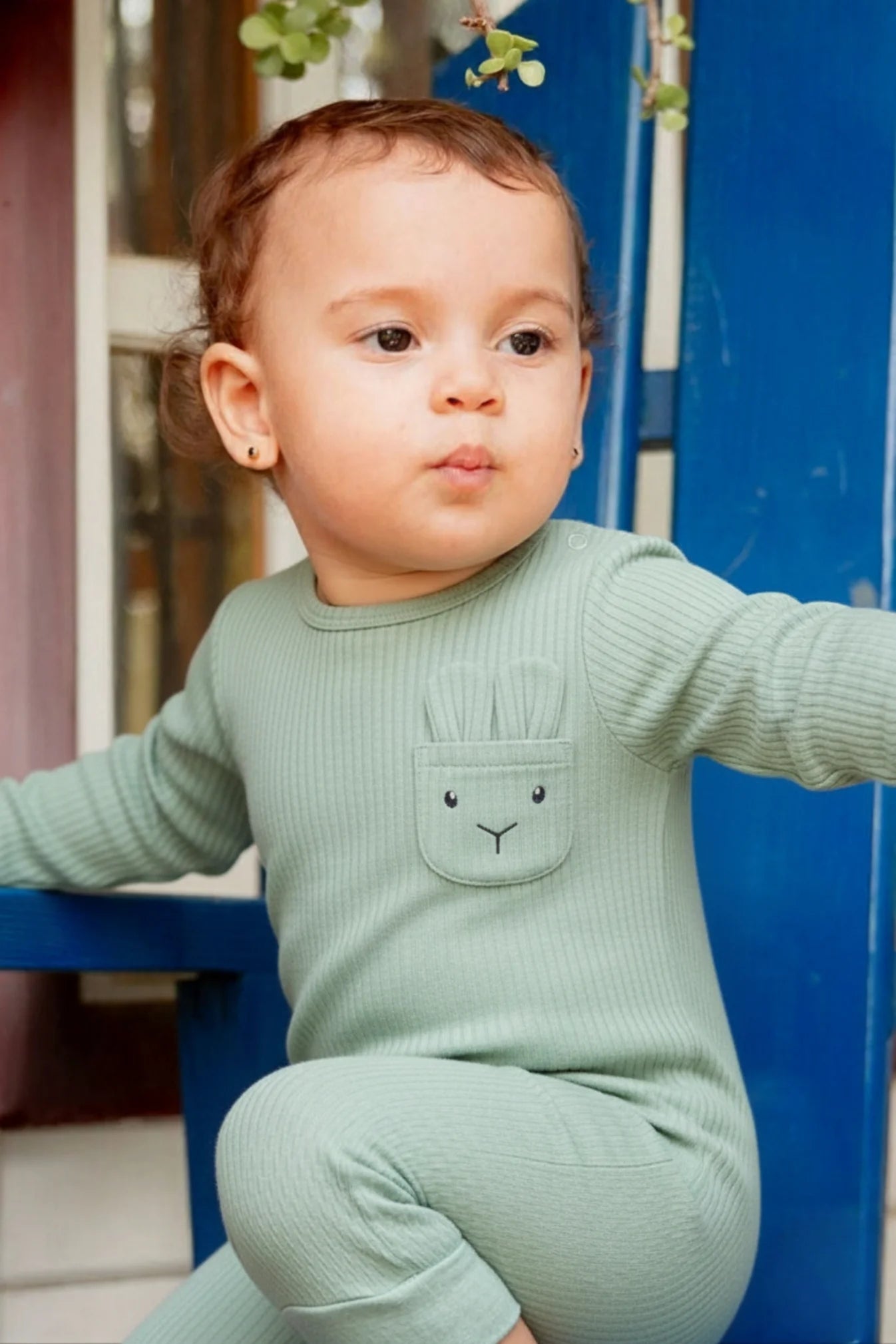 Unisex Baby Cotton Footless Onesie – Mint with Rabbit Design