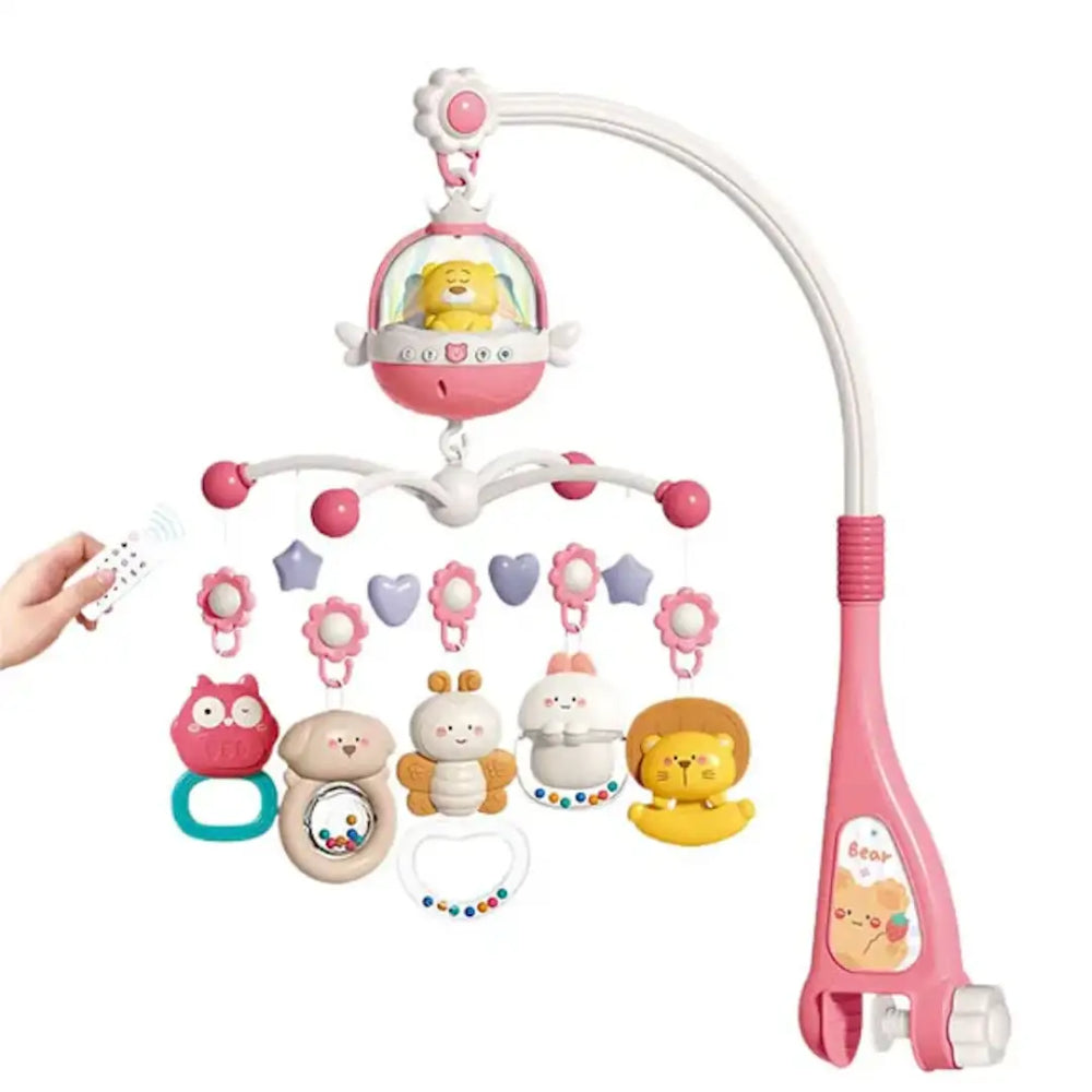 Musical Baby Crib Mobile Set with Hanging Animal Rattles – Pink
