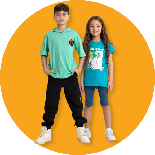 Two children standing side by side against an orange background