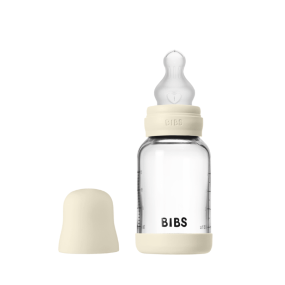 BIBS Glass Baby Bottle Round Silicone - 1 pack 120 ml Slow Flow Ivory - Baby Essentials