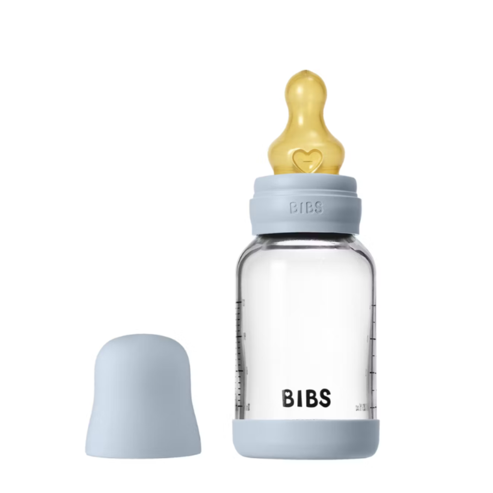 BIBS Glass Baby Bottle Round Latex - 1 pack 120 ml Slow Flow Baby Blue