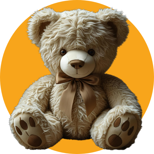 Beige teddy bear with a brown bow on an orange background