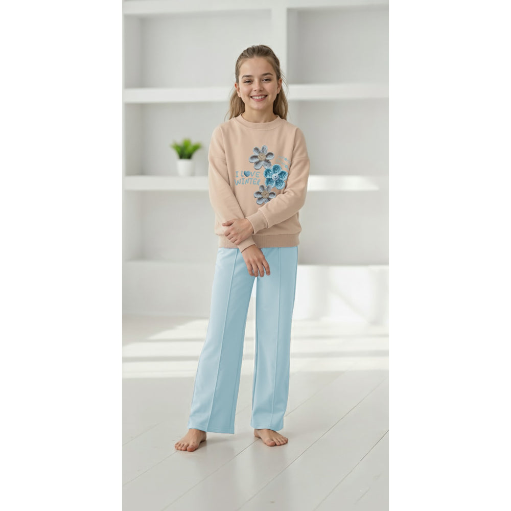 Girls Cotton Pajama Set – Beige/Aqua with “I Love Winter” Flowers Design
