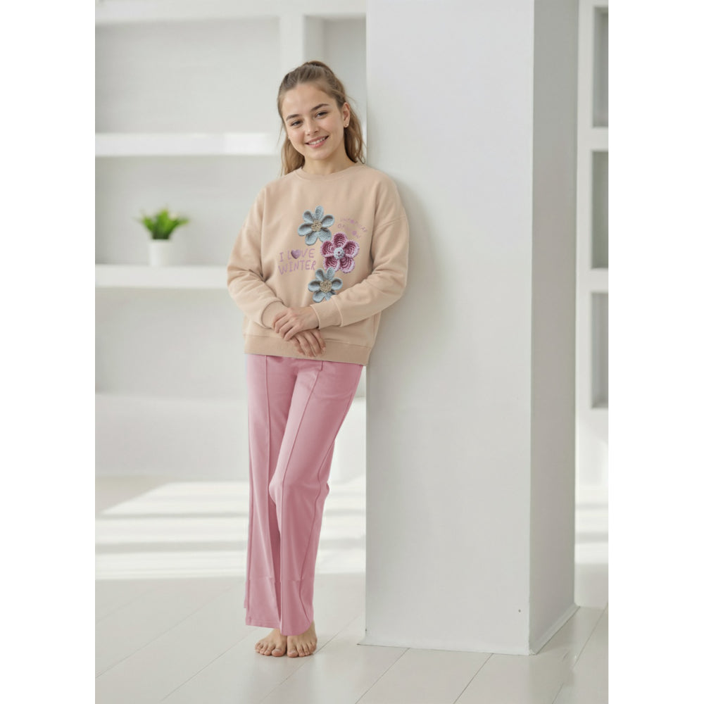 Girls Cotton Pajama Set – Beige/Dustypink with “I Love Winter” Flowers Design