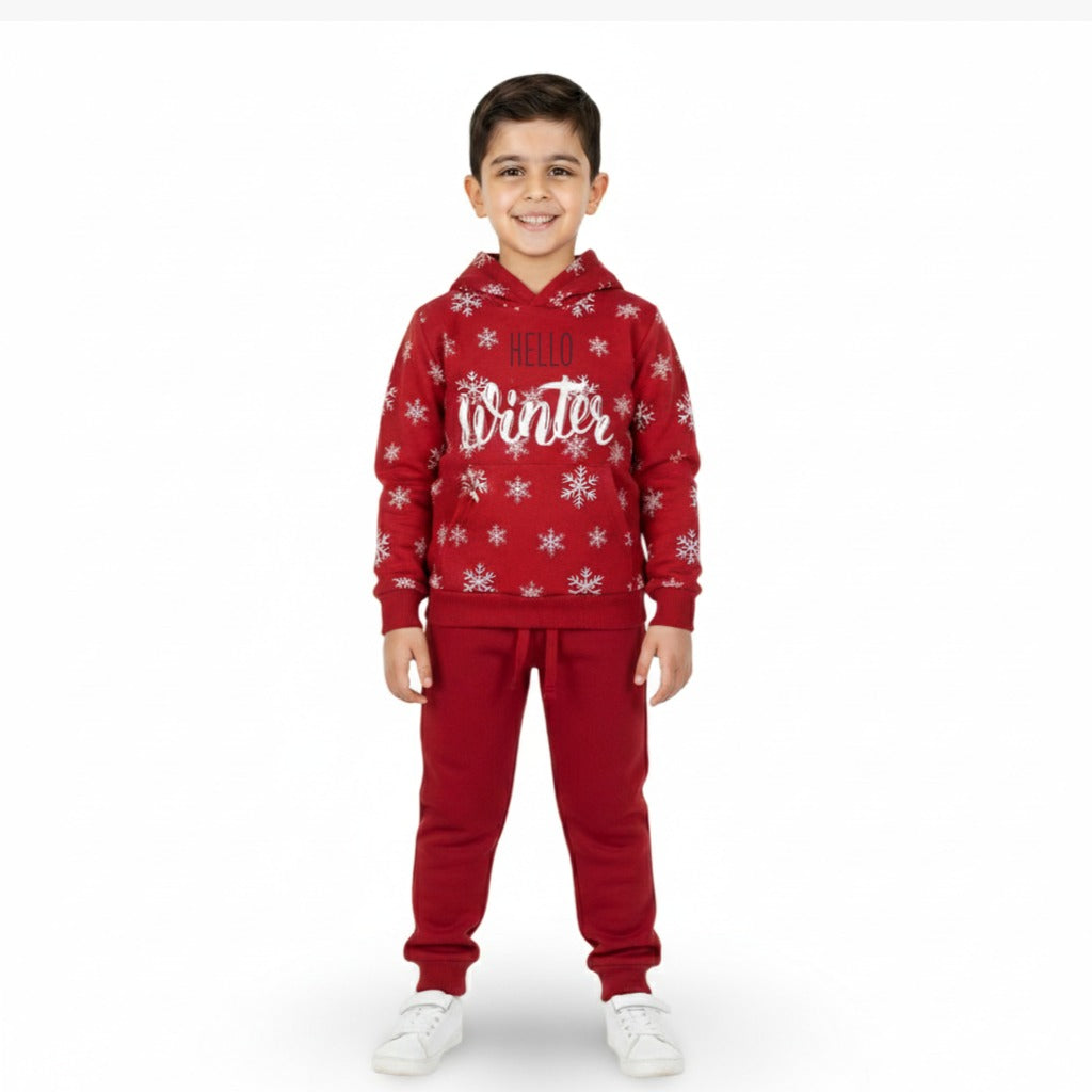Boys Cotton Hooded Pajama Set – Maroon with "Hello Winter" Design